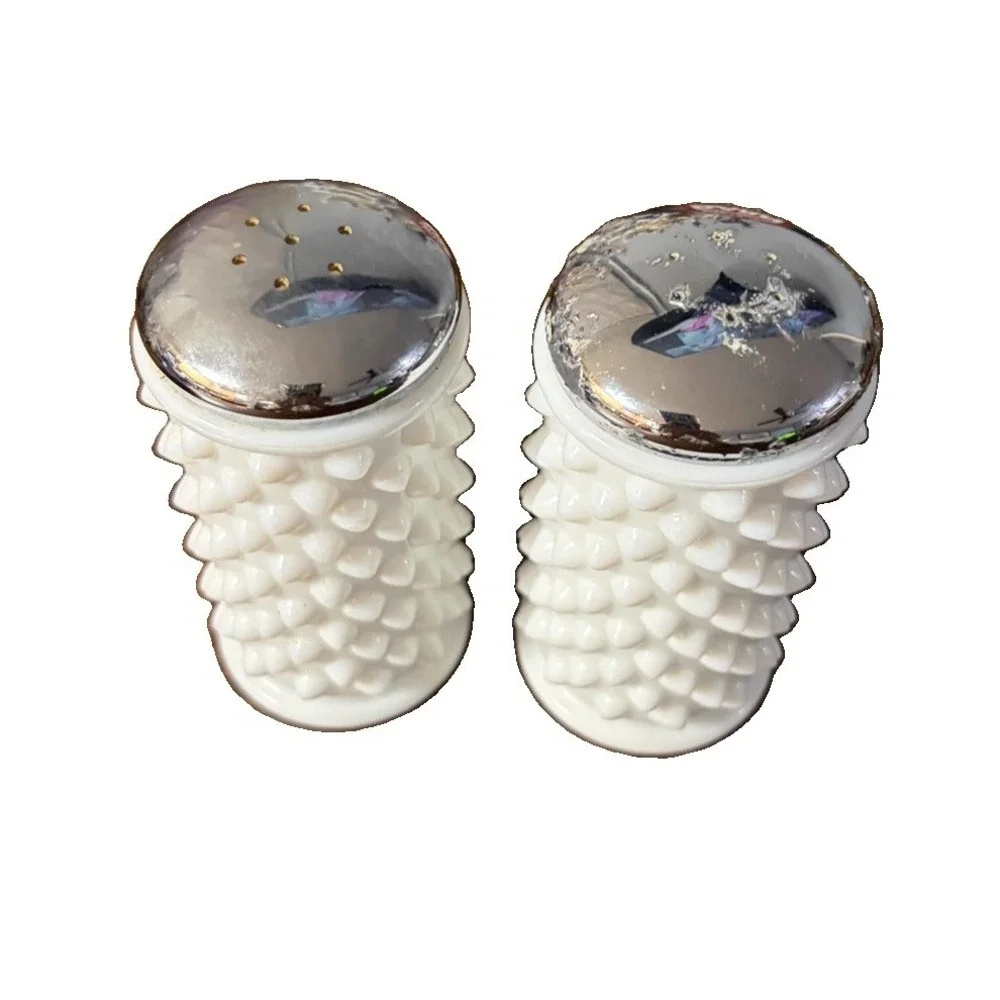 Vintage Fenton White Milk Glass Hobnail Salt Pepper Shakers Foil Label 4